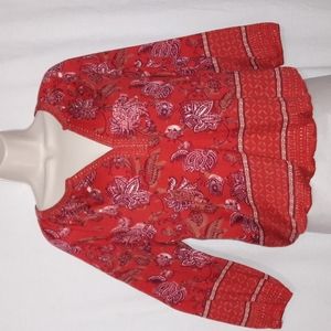 Lucky Brand Paisley Floral Top Size S V-Neck 3/4 Sleeve Color Red